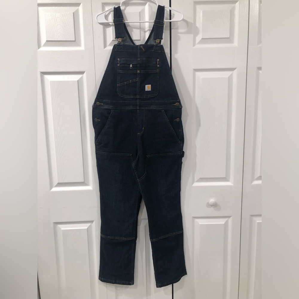 Carhartt dark wash denim overalls relaxed EUC